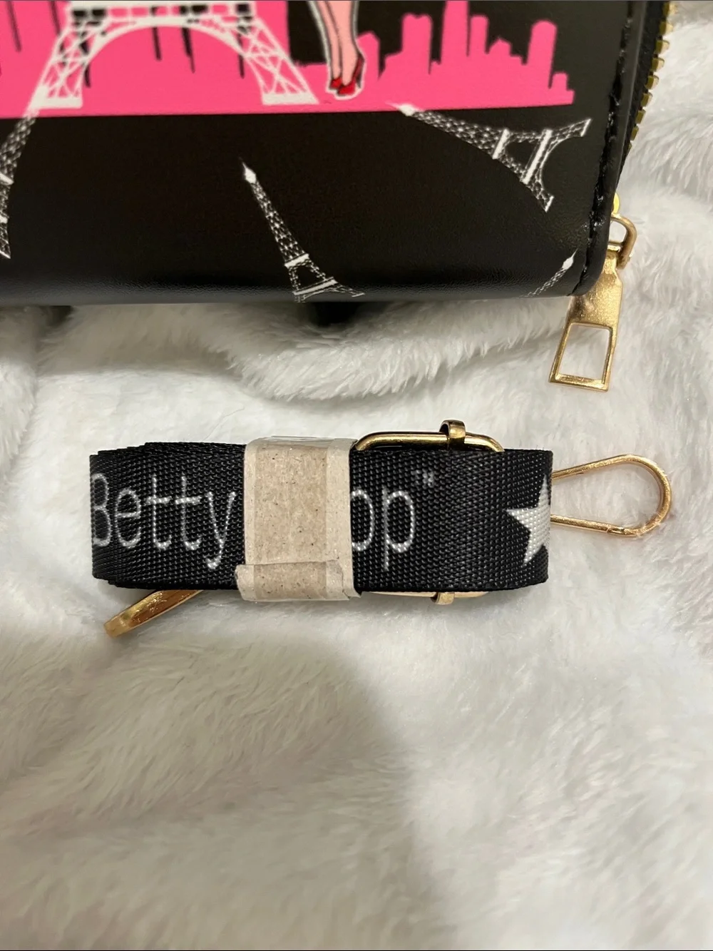Betty Boop Black Phone Wallet Case with Pink Eiffel Tower Graphic